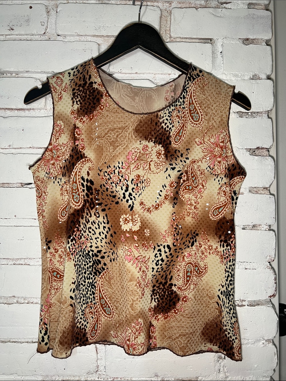 Sleeveless Paisley & Animal Print Top in Beige Brown sequin sparkle crew neck